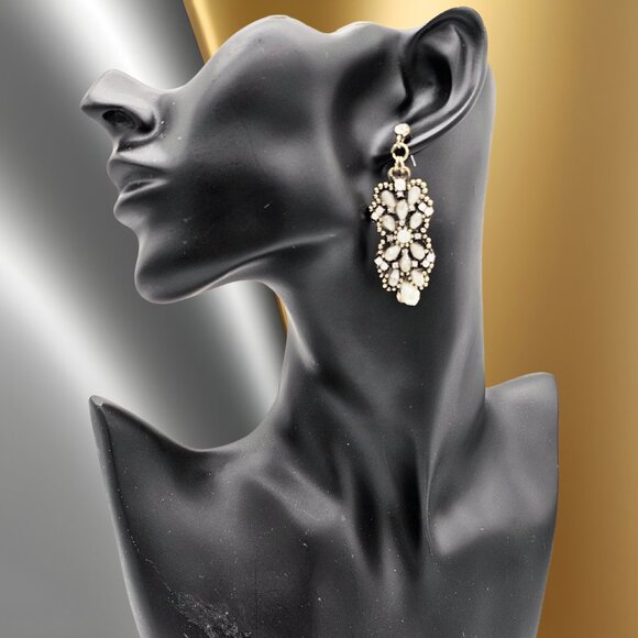 Vintage Inspired Silver-Tone Opaline & Crystal Cluster Dangle Earrings - Picture 3 of 4